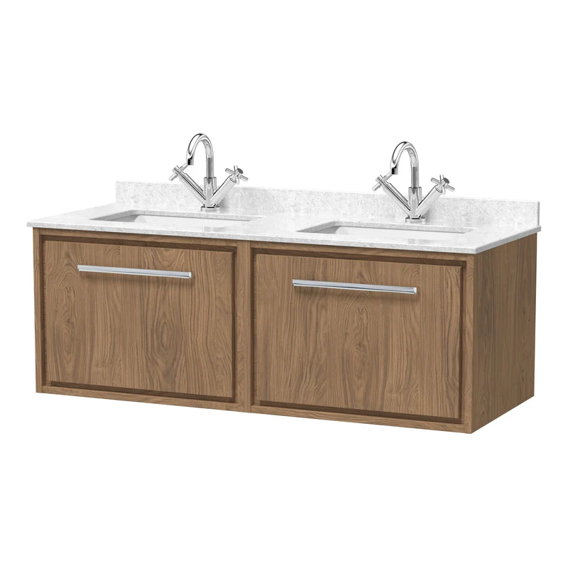Lille 1200mm Wall Hung 2 Drawer Vanity Unit & White Marble Worktop & 2 Ceramic Bowls - Antique Oak Woodgrain