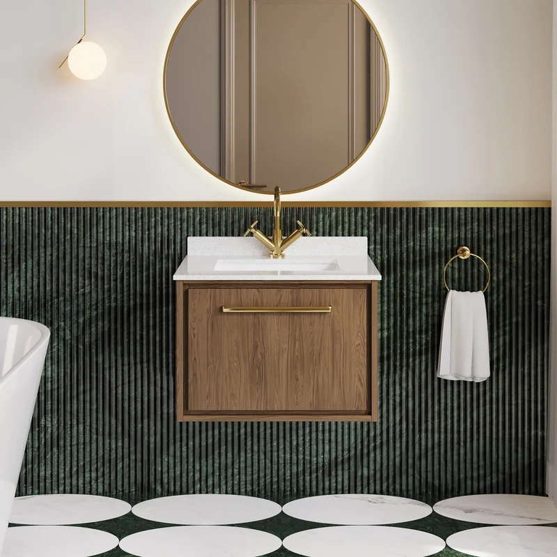 Lille 600mm Wall Hung 1 Drawer Vanity Unit & White Marble Worktop & Ceramic Bowl - Antique Oak Woodgrain