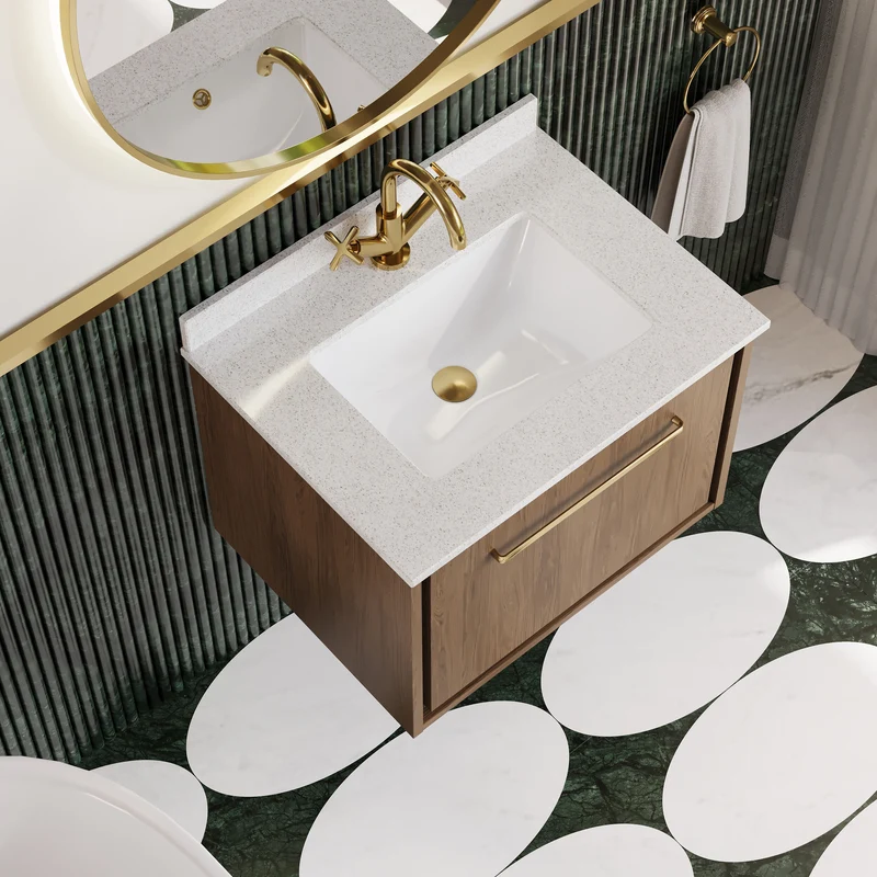 Lille 600mm Wall Hung 1 Drawer Vanity Unit & White Marble Worktop & Ceramic Bowl - Antique Oak Woodgrain