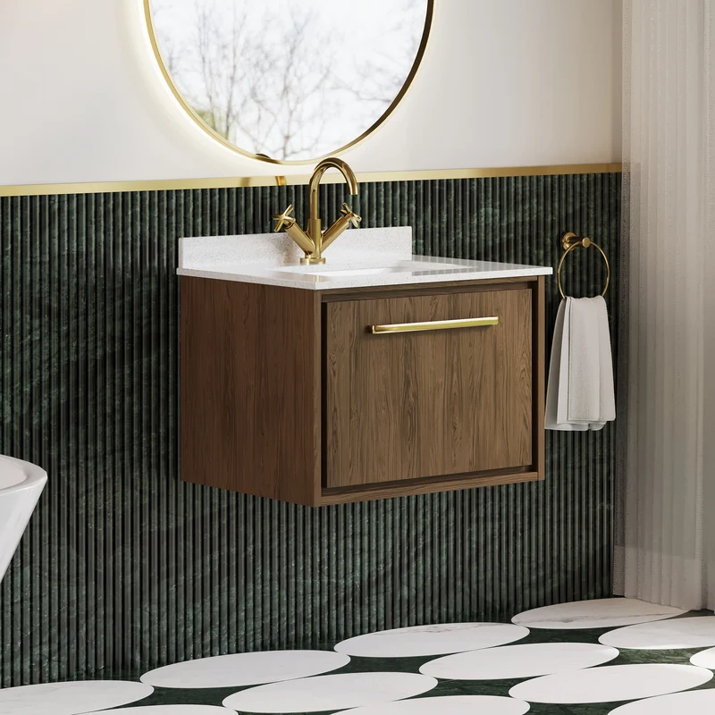 Lille 600mm Wall Hung 1 Drawer Vanity Unit & White Marble Worktop & Ceramic Bowl - Antique Oak Woodgrain