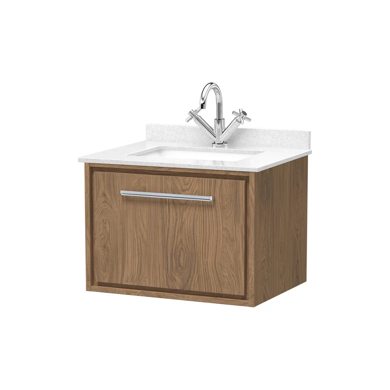 Lille 600mm Wall Hung 1 Drawer Vanity Unit & White Marble Worktop & Ceramic Bowl - Antique Oak Woodgrain