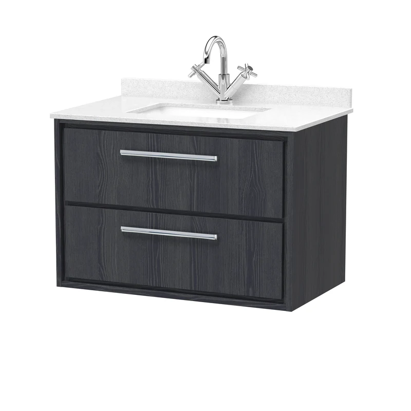 Lille 800mm Wall Hung 2 Drawer Vanity Unit & White Marble Worktop & Ceramic Bowl - Graphite Grey Woodgrain