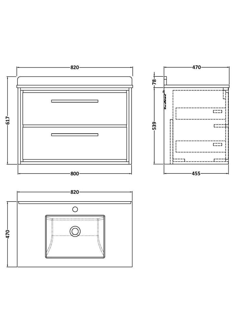 Lille 800mm Wall Hung 2 Drawer Vanity Unit & White Marble Worktop & Ceramic Bowl - Graphite Grey Woodgrain