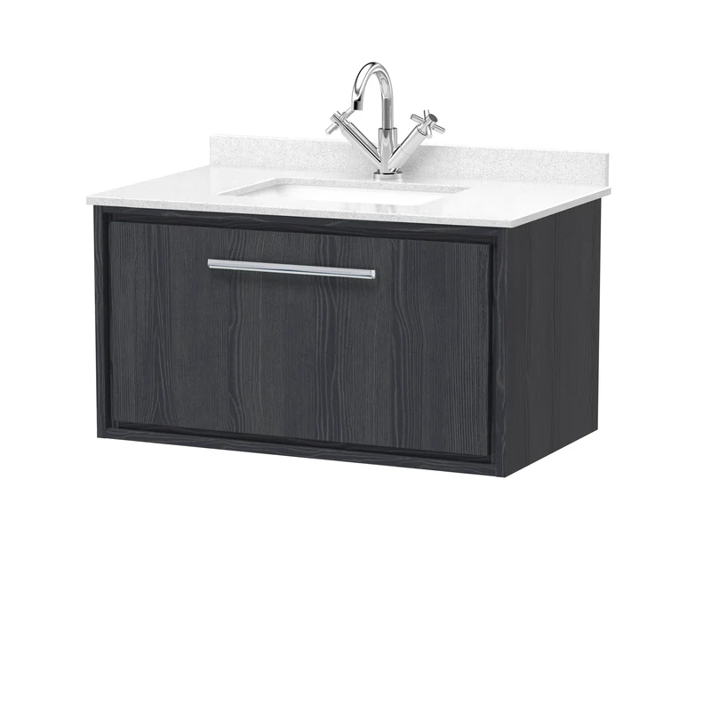 Lille 800mm Wall Hung 1 Drawer Vanity Unit & White Marble Worktop & Ceramic Bowl - Graphite Grey Woodgrain