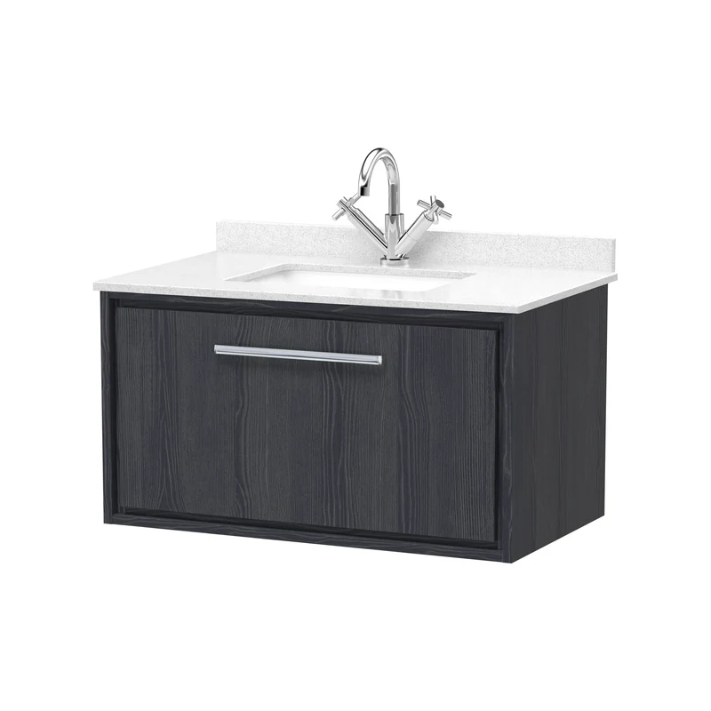 Lille 800mm Wall Hung 1 Drawer Vanity Unit & White Marble Worktop & Ceramic Bowl - Graphite Grey Woodgrain
