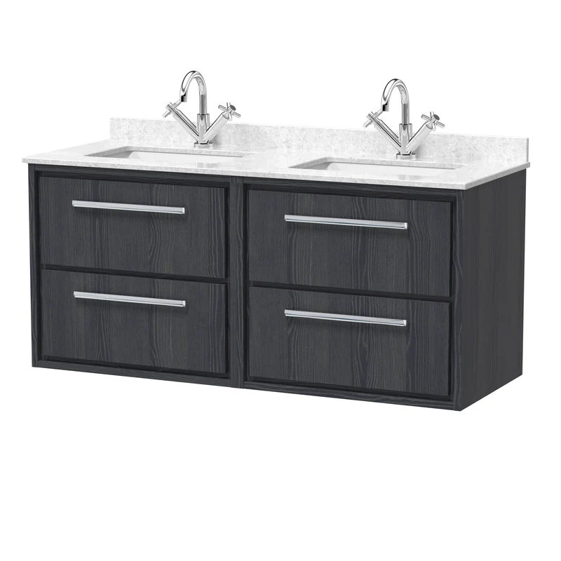 Lille 1200mm Wall Hung 4 Drawer Vanity Unit & White Marble Worktop & 2 Ceramic Bowls - Graphite Grey Woodgrain