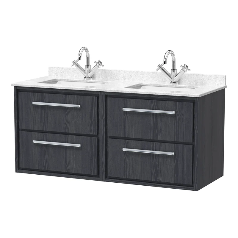 Lille 1200mm Wall Hung 4 Drawer Vanity Unit & White Marble Worktop & 2 Ceramic Bowls - Graphite Grey Woodgrain