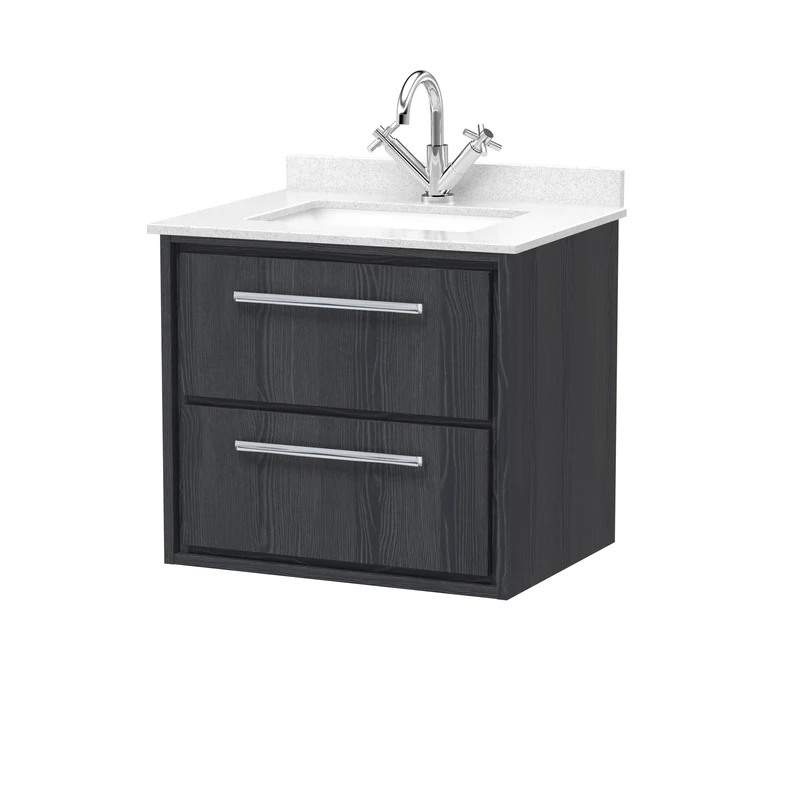 Lille 600mm Wall Hung 2 Drawer Vanity Unit & White Marble Worktop & Ceramic Bowl - Graphite Grey Woodgrain
