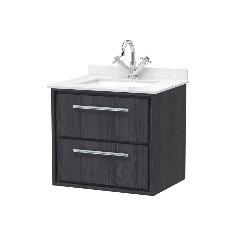 Lille 600mm Wall Hung 2 Drawer Vanity Unit & White Marble Worktop & Ceramic Bowl - Graphite Grey Woodgrain