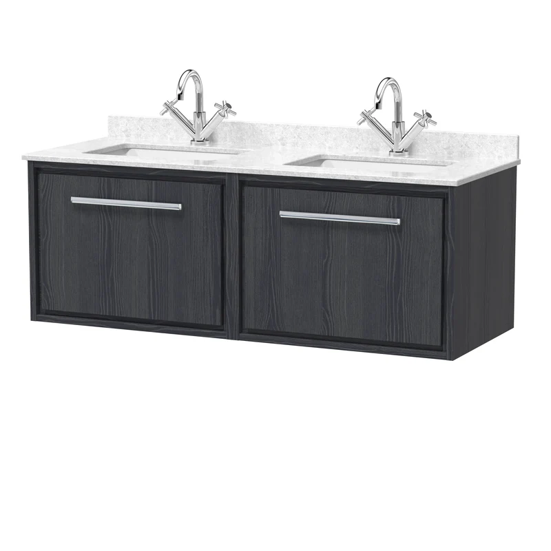 Lille 1200mm Wall Hung 2 Drawer Vanity Unit & White Marble Worktop & 2 Ceramic Bowls - Graphite Grey Woodgrain