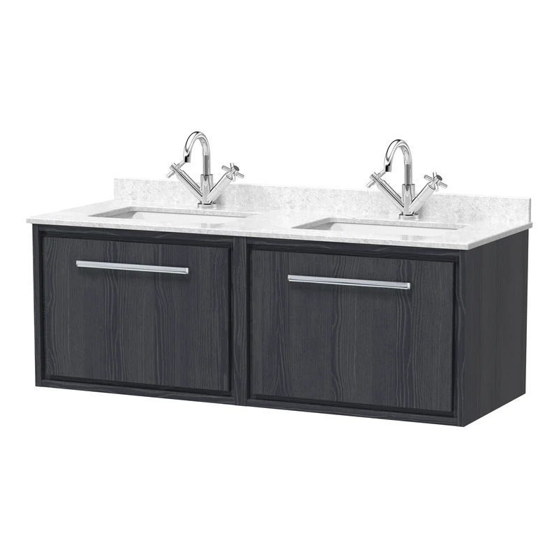 Lille 1200mm Wall Hung 2 Drawer Vanity Unit & White Marble Worktop & 2 Ceramic Bowls - Graphite Grey Woodgrain