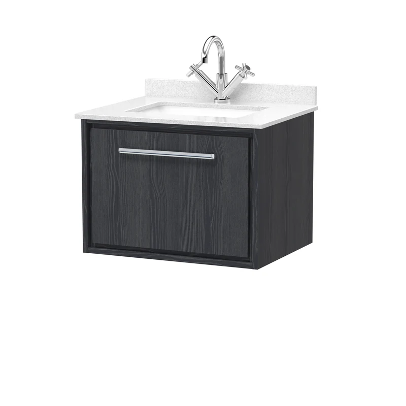 Lille 600mm Wall Hung 1 Drawer Vanity Unit & White Marble Worktop & Ceramic Bowl - Graphite Grey Woodgrain