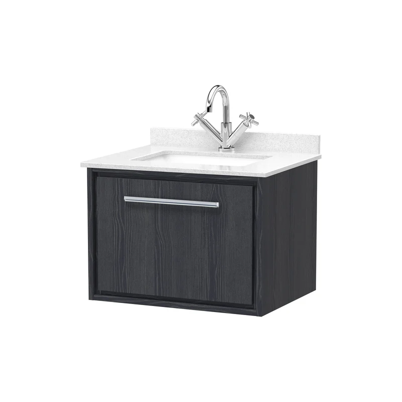 Lille 600mm Wall Hung 1 Drawer Vanity Unit & White Marble Worktop & Ceramic Bowl - Graphite Grey Woodgrain