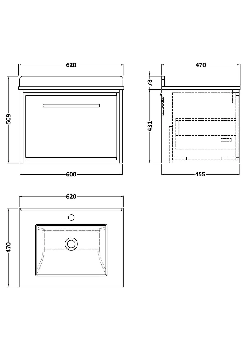 Lille 600mm Wall Hung 1 Drawer Vanity Unit & White Marble Worktop & Ceramic Bowl - Graphite Grey Woodgrain