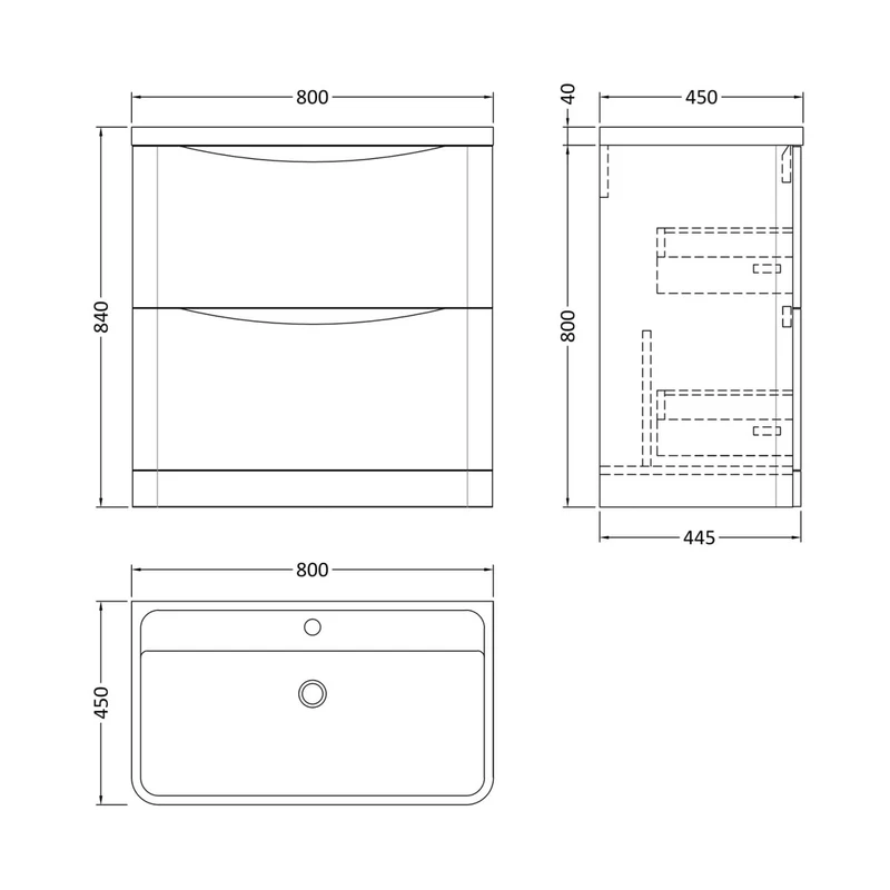 Nuie Lunar 800mm Floor Standing 2 Drawer Vanity & Polymarble Basin Contemporary Satin Grey MFC Painted Matt,polymarble 840x800x445mm