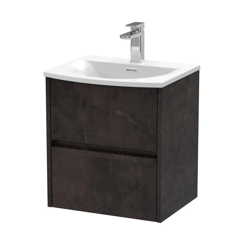 Nuie Havana 500mm Wall Hung 2 Drawer Unit & Basin 4 Contemporary Metallic Slate MFC Textured Matt 564x510x440mm