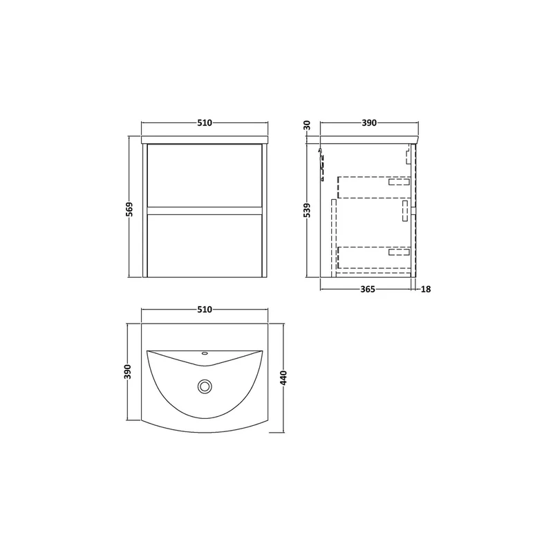 Nuie Havana 500mm Wall Hung 2 Drawer Unit & Basin 4 Contemporary Coastal Grey MFC Smooth Matt 564x510x440mm