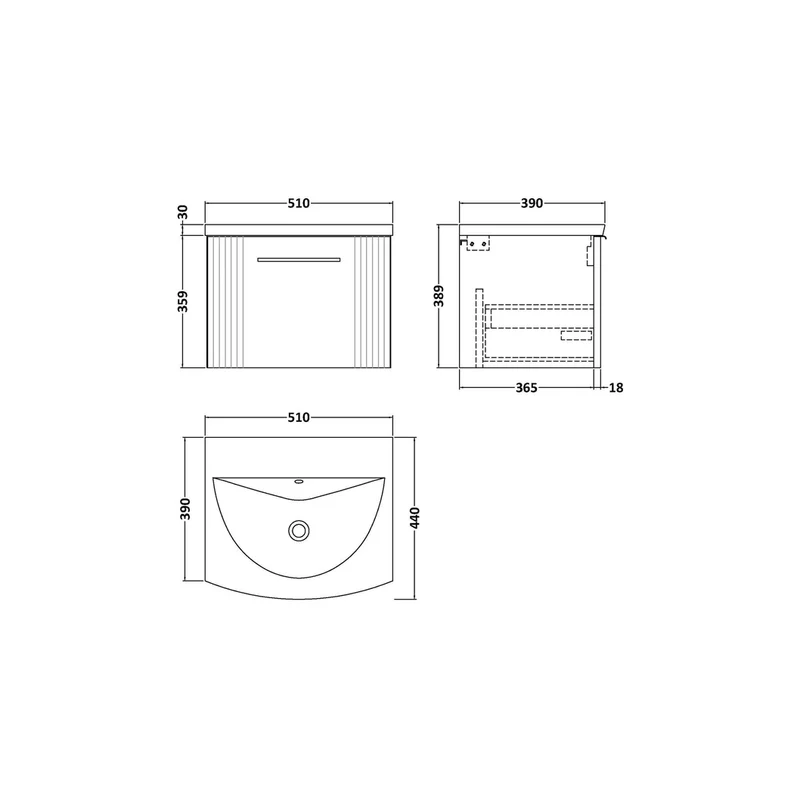 Nuie Deco 500mm Wall Hung Single Drawer Vanity & Basin 4 Contemporary Soft Black MFC Painted Gloss 389x510x440mm