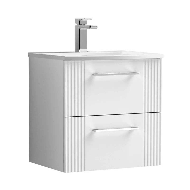 Nuie Deco 500mm Wall Hung 2 Drawer Vanity & Basin 4 Contemporary Satin White MFC Painted Gloss 530x510x440mm