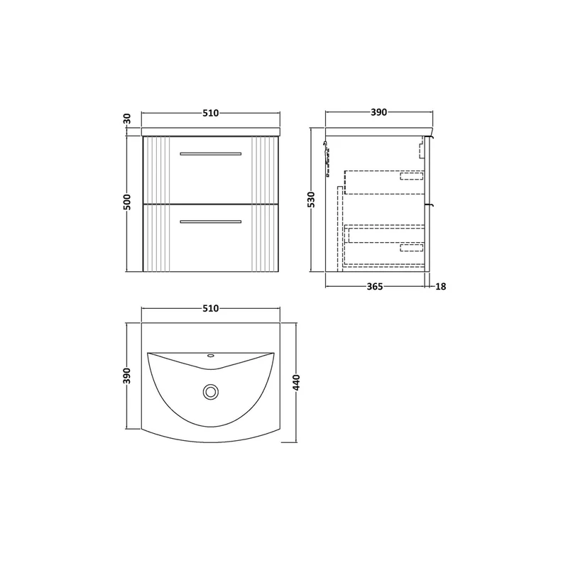 Nuie Deco 500mm Wall Hung 2 Drawer Vanity & Basin 4 Contemporary Satin White MFC Painted Gloss 530x510x440mm