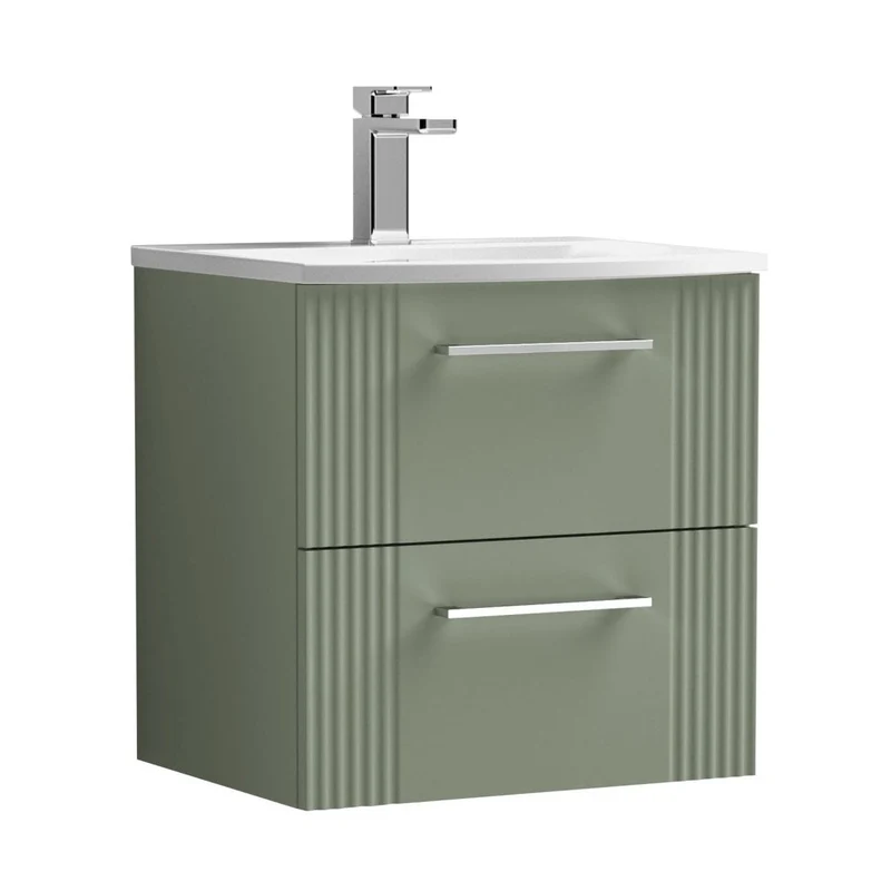 Nuie Deco 500mm Wall Hung 2 Drawer Vanity & Basin 4 Contemporary Satin Green MFC Painted Gloss 530x510x440mm