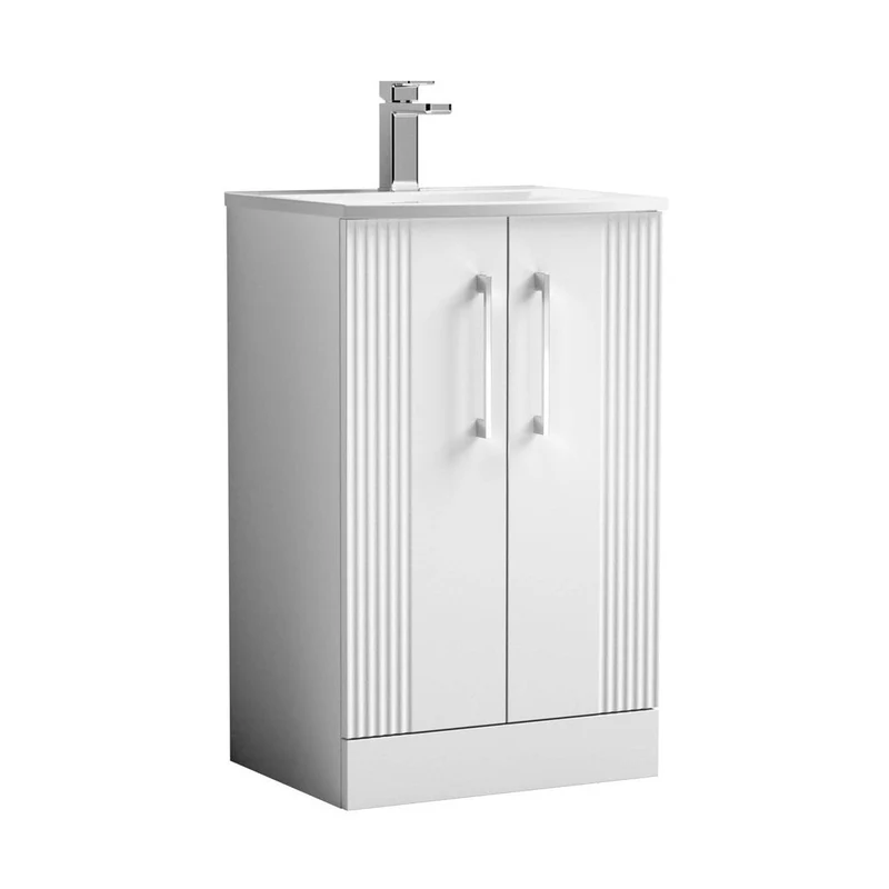 Nuie Deco 500mm Floor Standing 2 Door Vanity & Basin 4 Contemporary Satin White MFC Painted Gloss 840x510x440mm