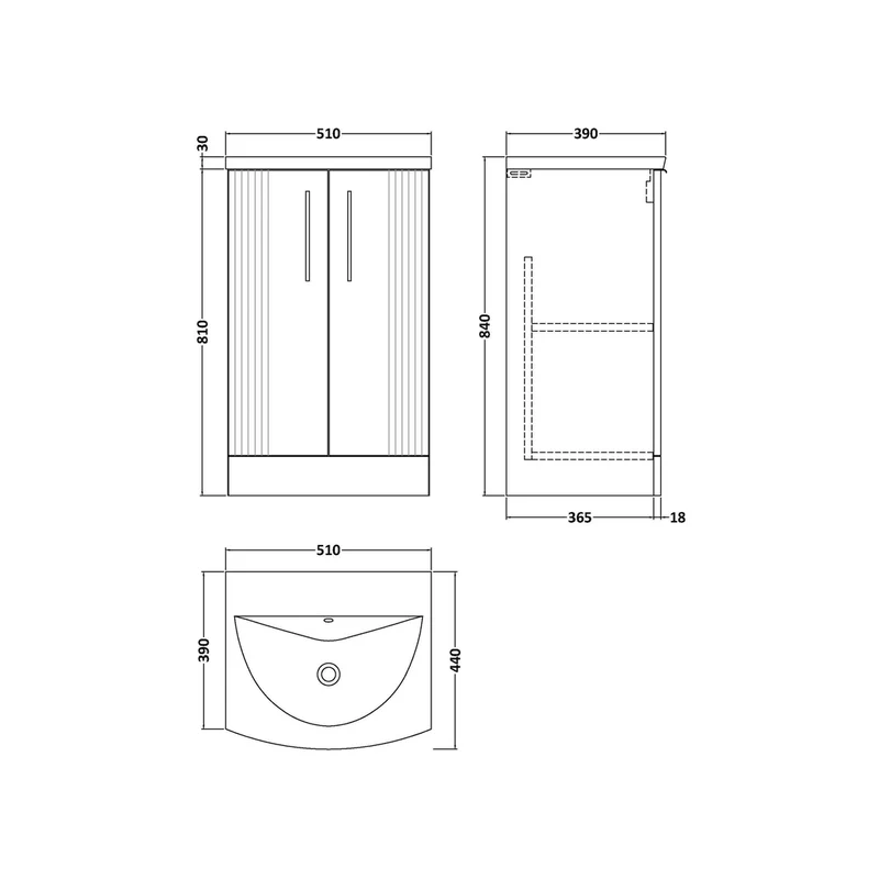 Nuie Deco 500mm Floor Standing 2 Door Vanity & Basin 4 Contemporary Satin White MFC Painted Gloss 840x510x440mm