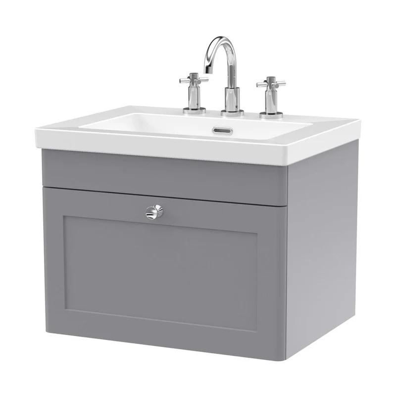 Nuie Classique 600mm Wall Hung 1-drawer Vanity With Basin - 3 Tap Hole Traditional Satin Grey Fireclay 476x613x462mm