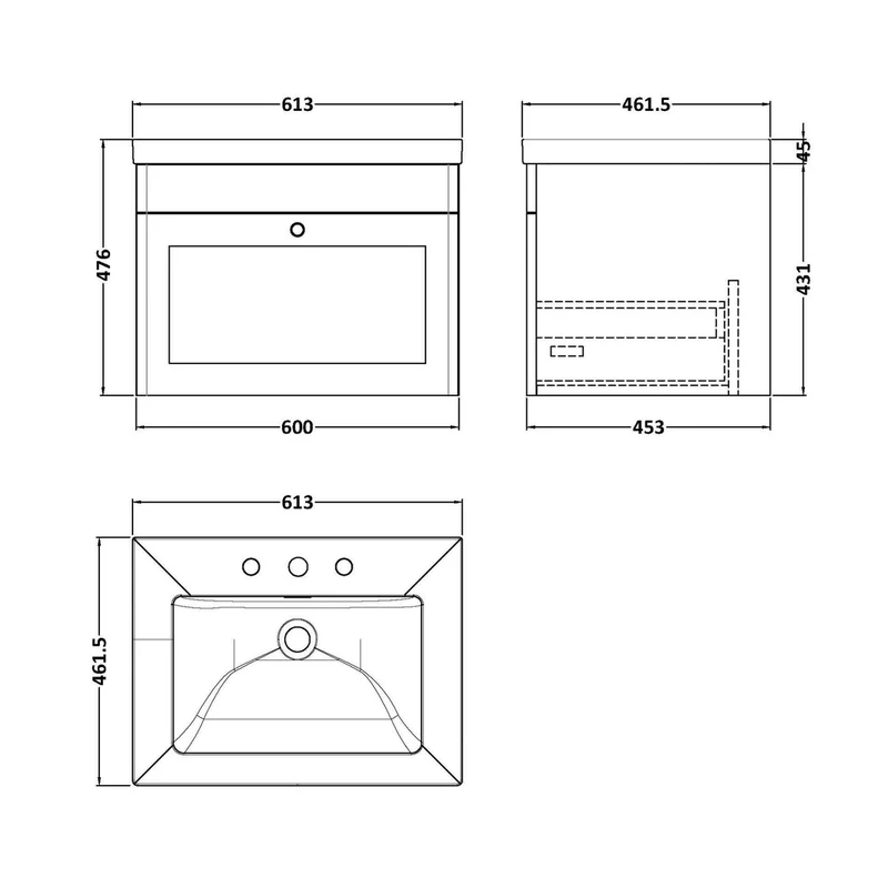 Nuie Classique 600mm Wall Hung 1-drawer Vanity With Basin - 3 Tap Hole Traditional Satin Grey Fireclay 476x613x462mm