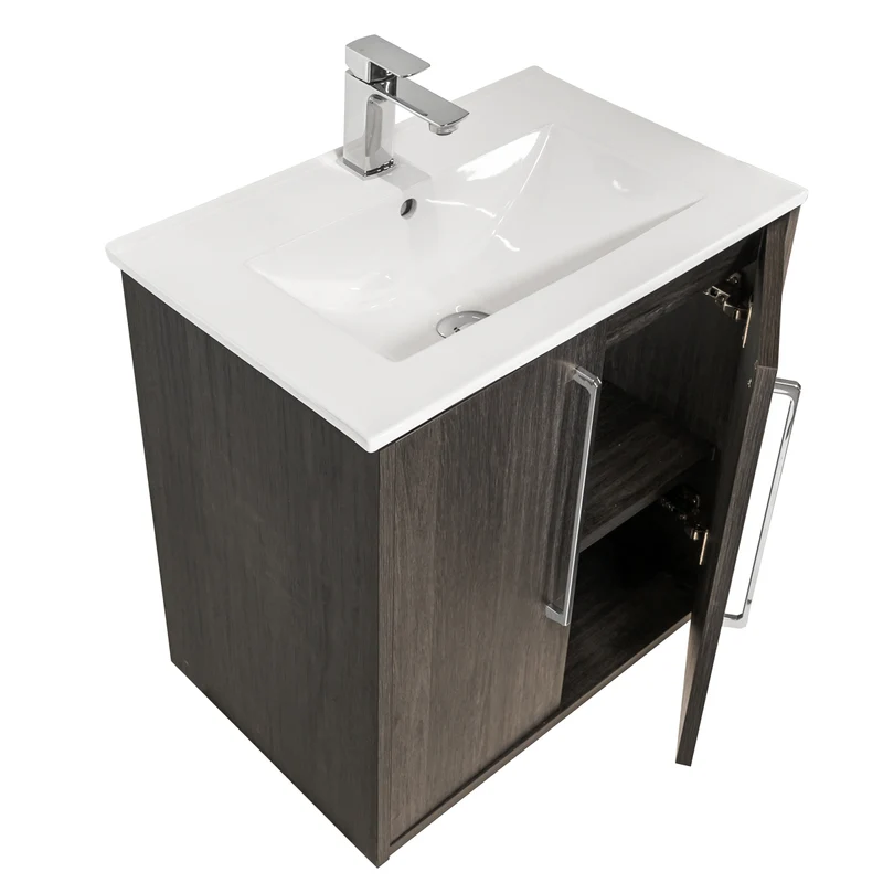 Josef Martin Urbano 600mm Space Saver Wall Hung 2 Door Vanity Unit & Minimalist Inset Basin - Roble Azabache