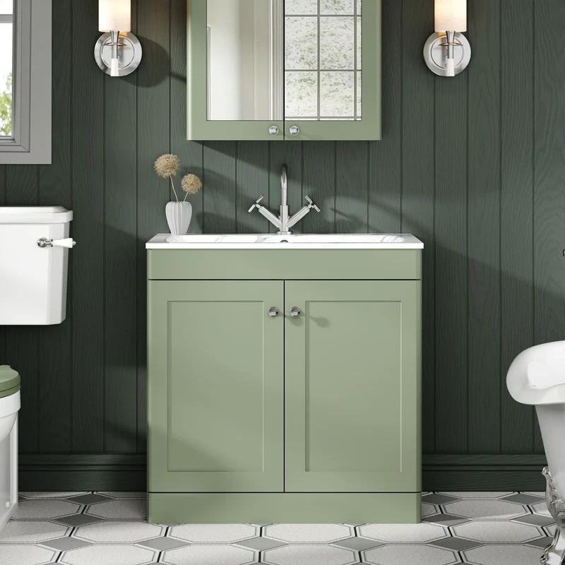 Classique 800mm Floor Standing 2 Door Vanity Unit With Marble Stone Basin - Satin Green