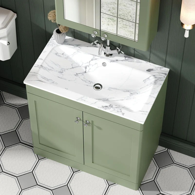 Classique 800mm Floor Standing 2 Door Vanity Unit With Marble Stone Basin - Satin Green