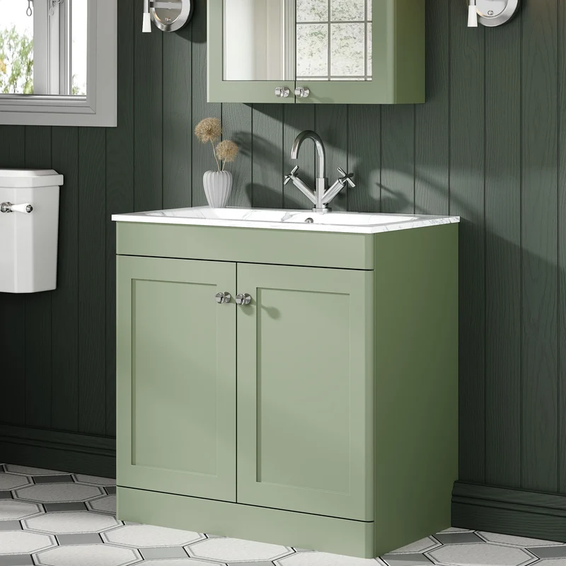 Classique 800mm Floor Standing 2 Door Vanity Unit With Marble Stone Basin - Satin Green