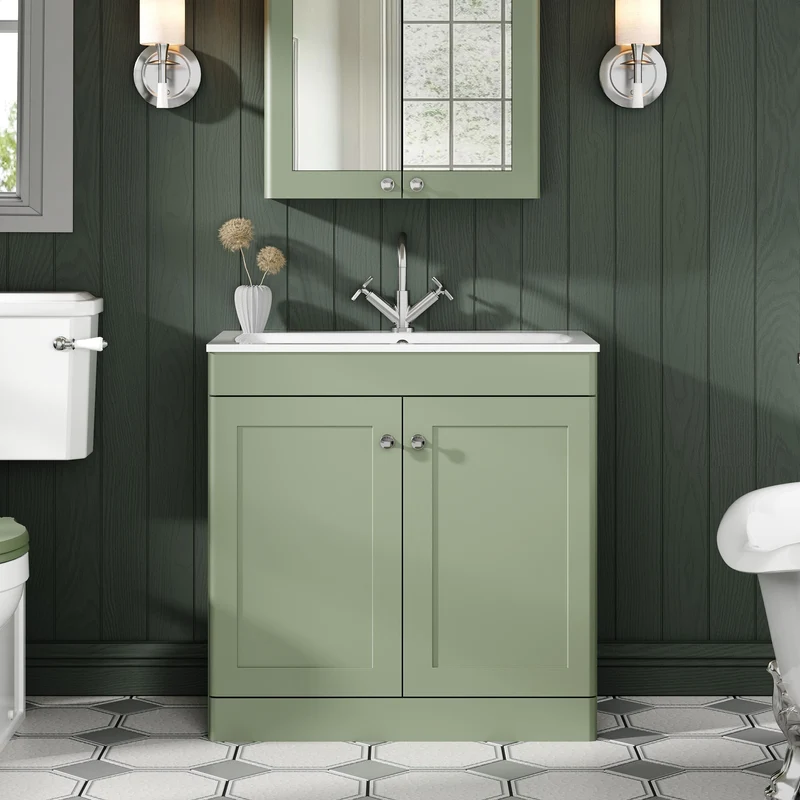 Classique 800mm Floor Standing 2 Door Vanity Unit With White Stone Basin - Satin Green