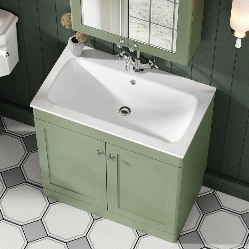 Classique 800mm Floor Standing 2 Door Vanity Unit With White Stone Basin - Satin Green