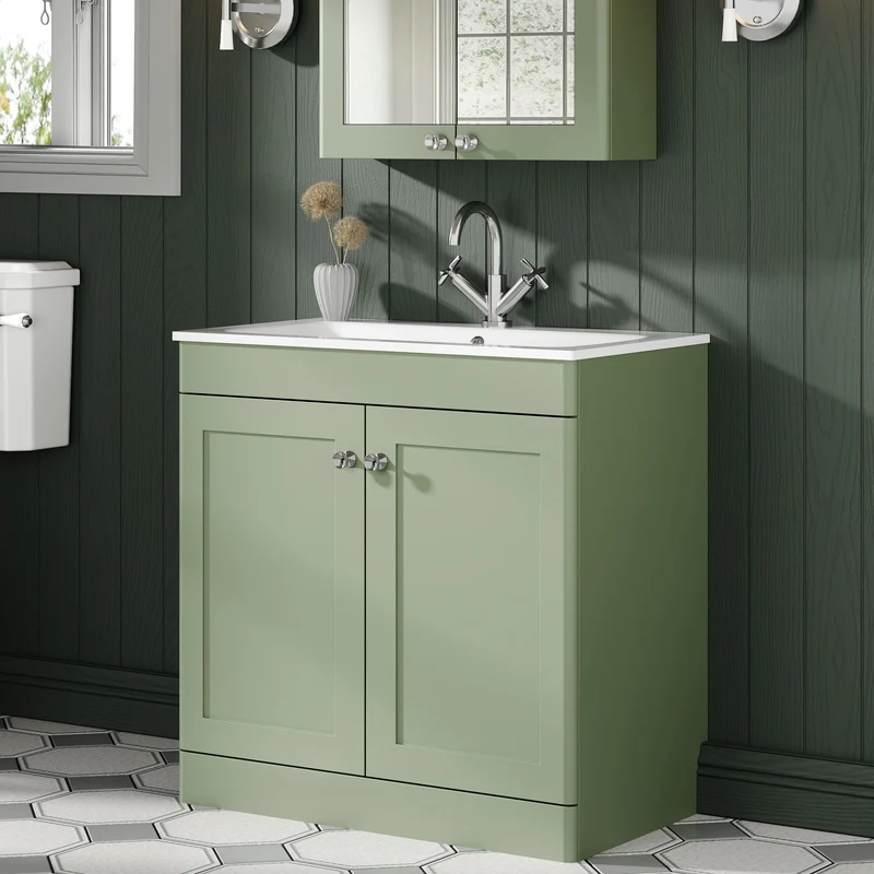 Classique 800mm Floor Standing 2 Door Vanity Unit With White Stone Basin - Satin Green
