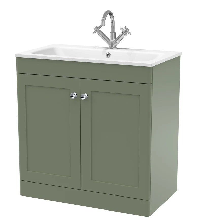 Classique 800mm Floor Standing 2 Door Vanity Unit With White Stone Basin - Satin Green