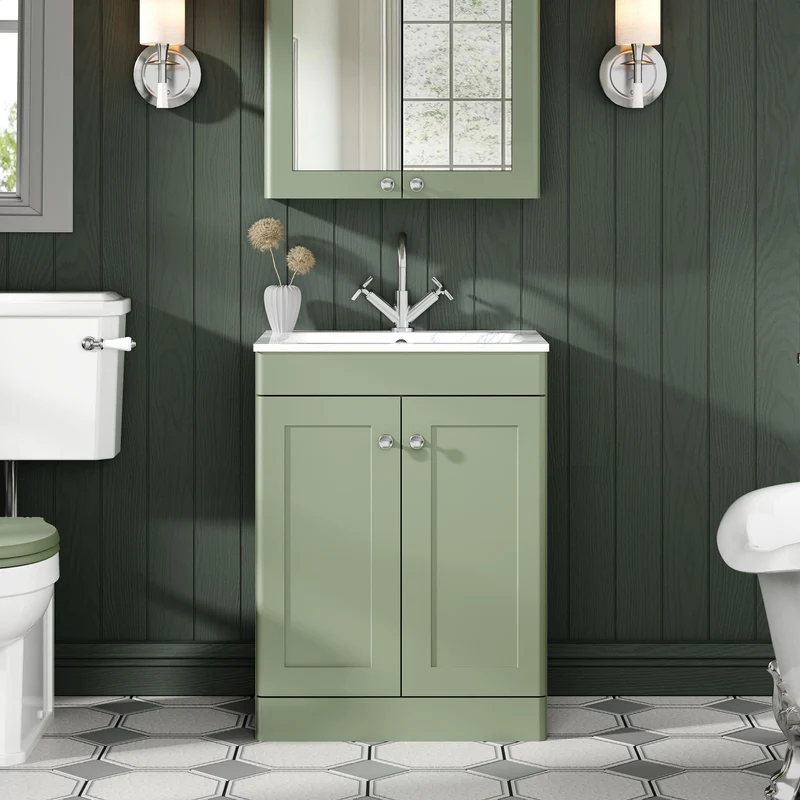 Classique 600mm Floor Standing 2 Door Vanity Unit With Marble Stone Basin - Satin Green