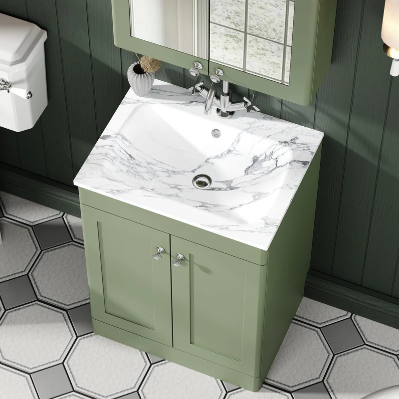 Classique 600mm Floor Standing 2 Door Vanity Unit With Marble Stone Basin - Satin Green