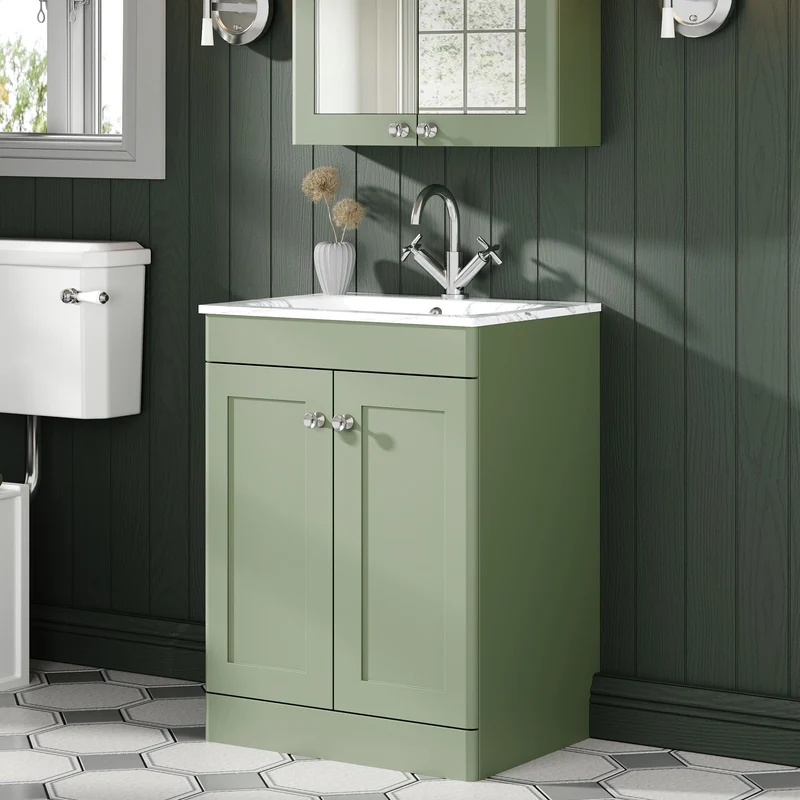 Classique 600mm Floor Standing 2 Door Vanity Unit With Marble Stone Basin - Satin Green