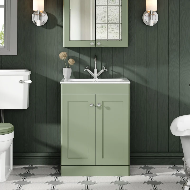 Classique 600mm Floor Standing 2 Door Vanity Unit With White Stone Basin - Satin Green