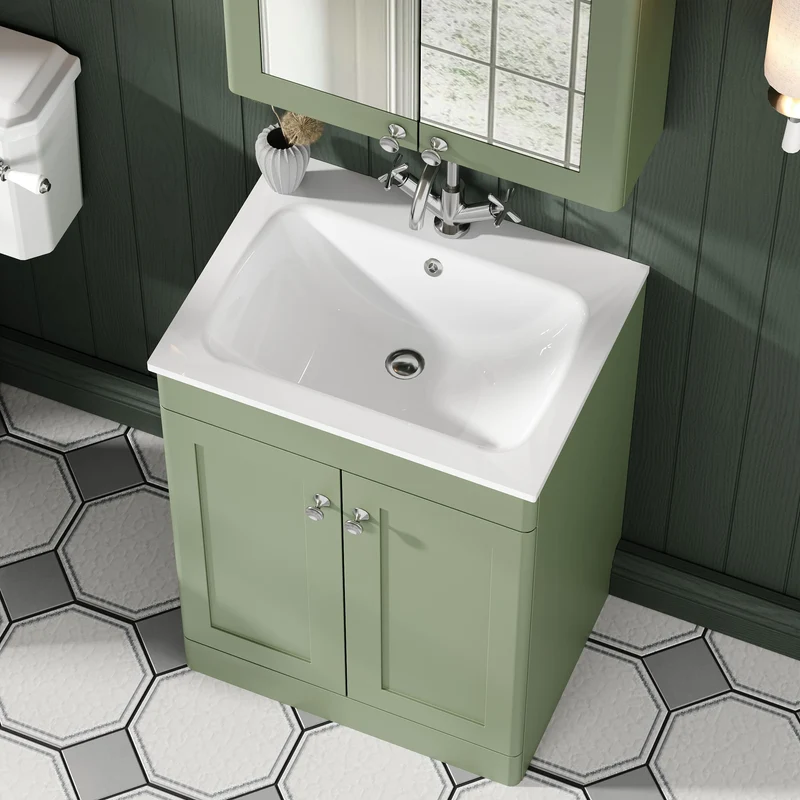 Classique 600mm Floor Standing 2 Door Vanity Unit With White Stone Basin - Satin Green