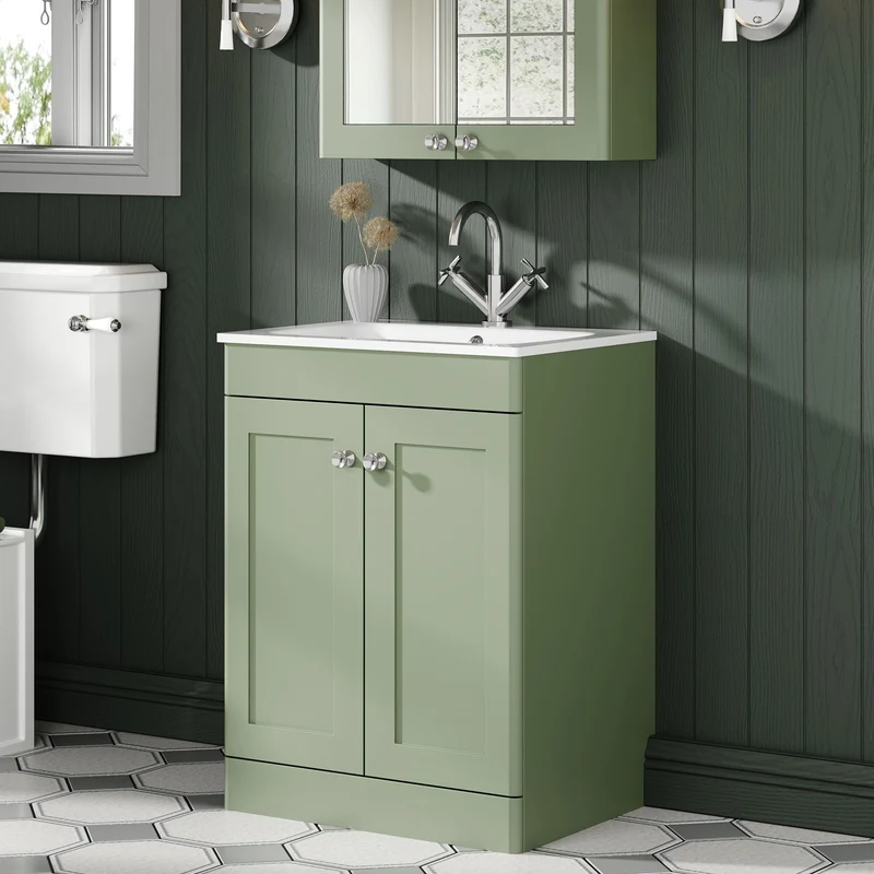 Classique 600mm Floor Standing 2 Door Vanity Unit With White Stone Basin - Satin Green