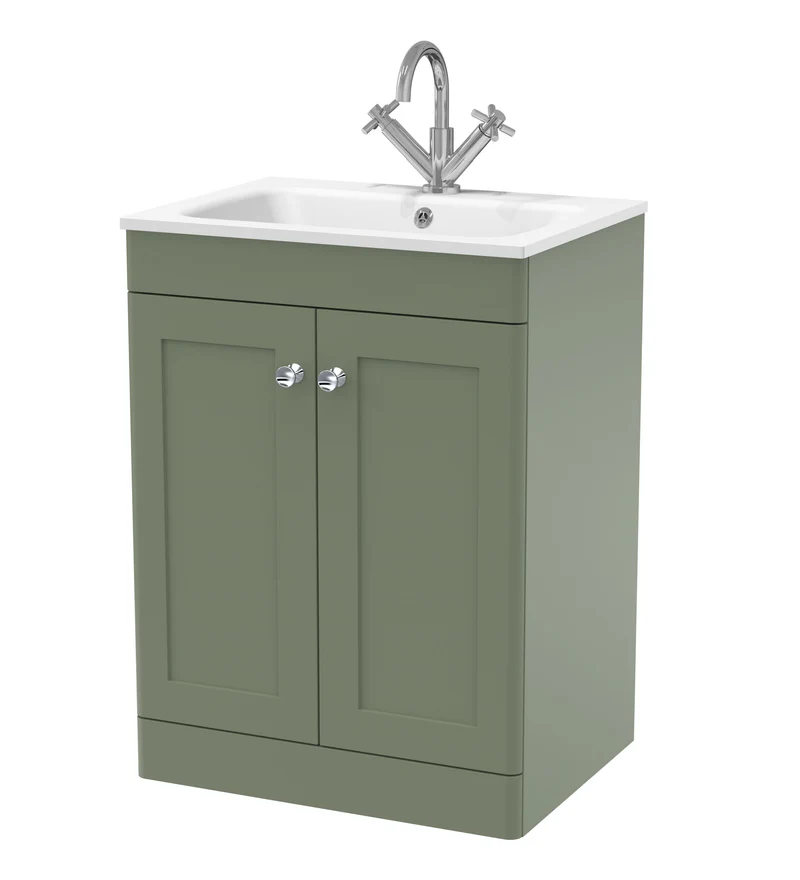 Classique 600mm Floor Standing 2 Door Vanity Unit With White Stone Basin - Satin Green