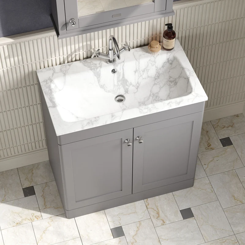 Classique 800mm Floor Standing 2 Door Vanity Unit With Marble Stone Basin - Satin Grey