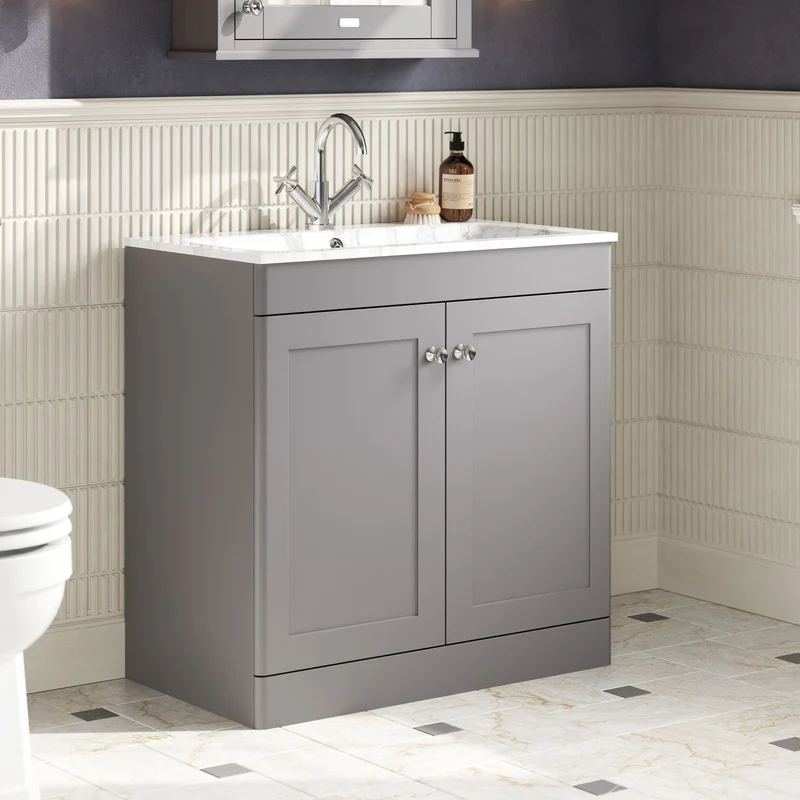 Classique 800mm Floor Standing 2 Door Vanity Unit With Marble Stone Basin - Satin Grey