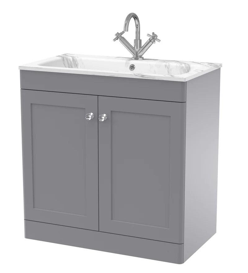 Classique 800mm Floor Standing 2 Door Vanity Unit With Marble Stone Basin - Satin Grey