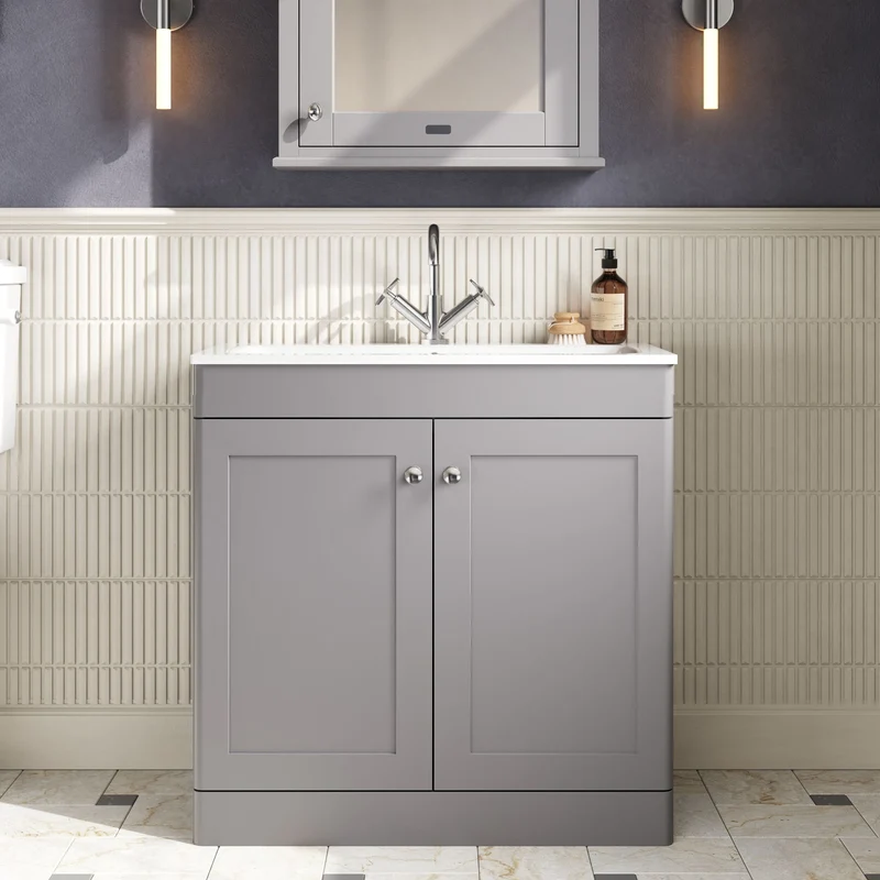 Classique 800mm Floor Standing 2 Door Vanity Unit With White Stone Basin - Satin Grey