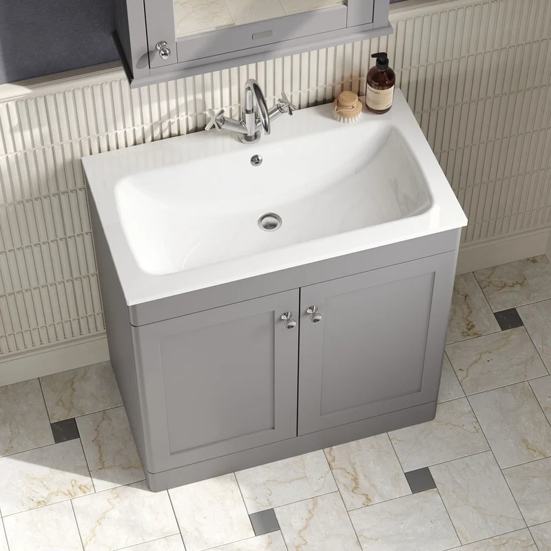 Classique 800mm Floor Standing 2 Door Vanity Unit With White Stone Basin - Satin Grey