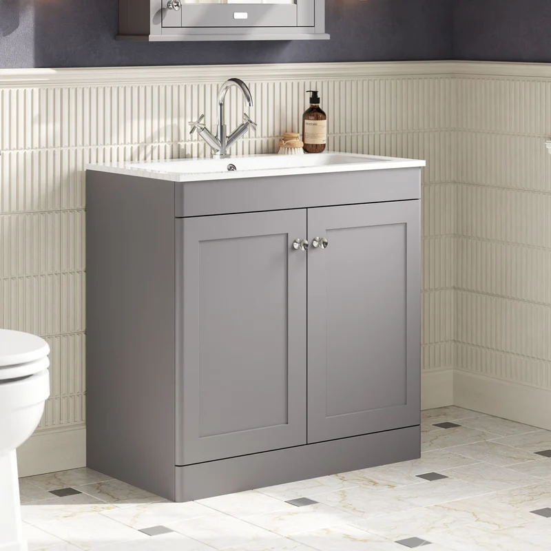 Classique 800mm Floor Standing 2 Door Vanity Unit With White Stone Basin - Satin Grey
